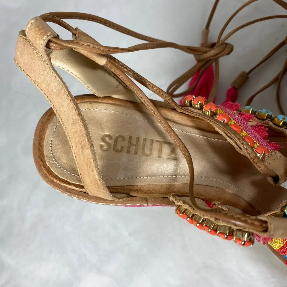 NEW Schutz Mella Espadrille Wedge Heel Sandal Pom Pom Jeweled 8.5